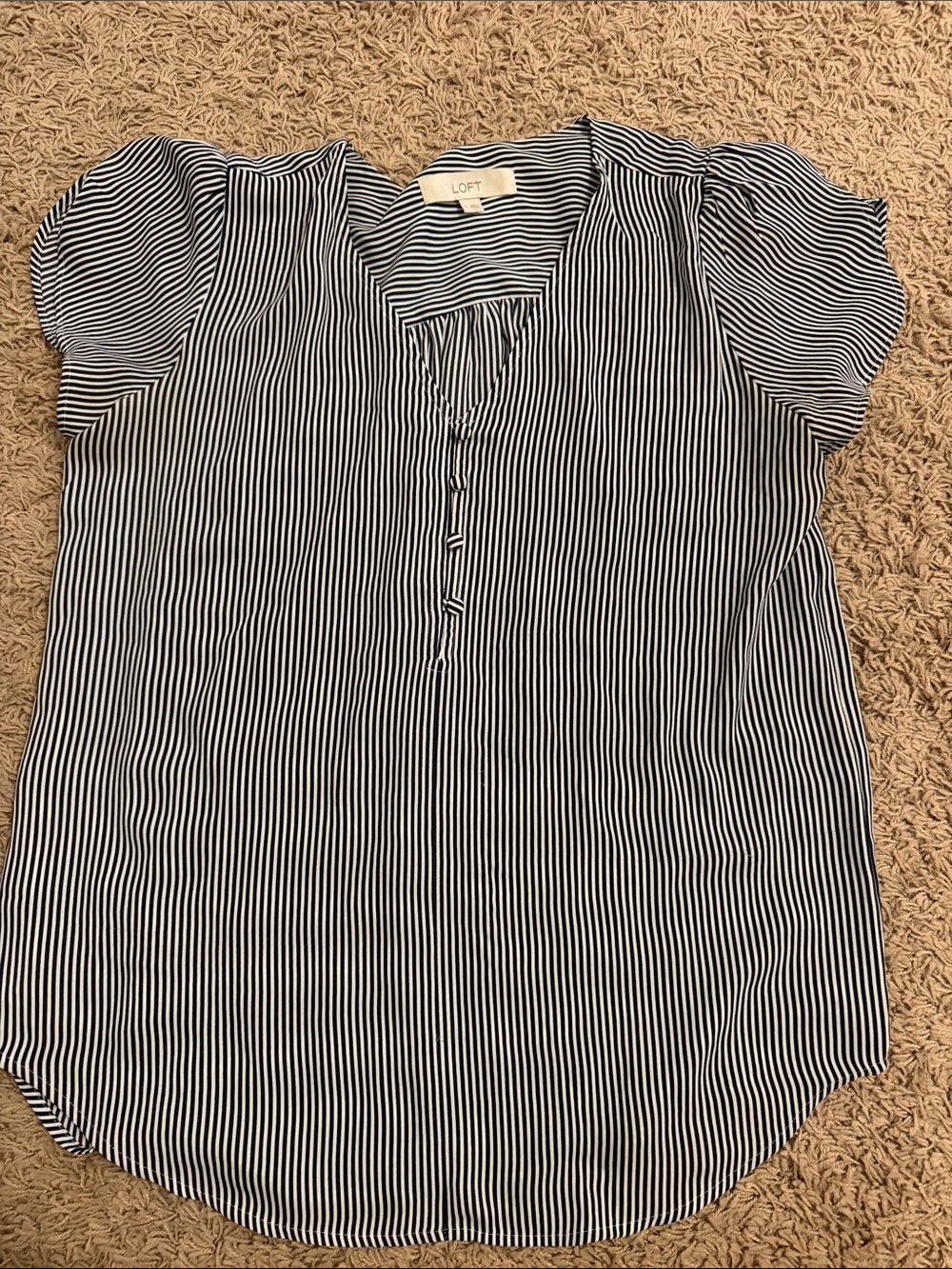 LOFT Navy and White Vertical Stripe Puff-Sleeve Henley Blouse